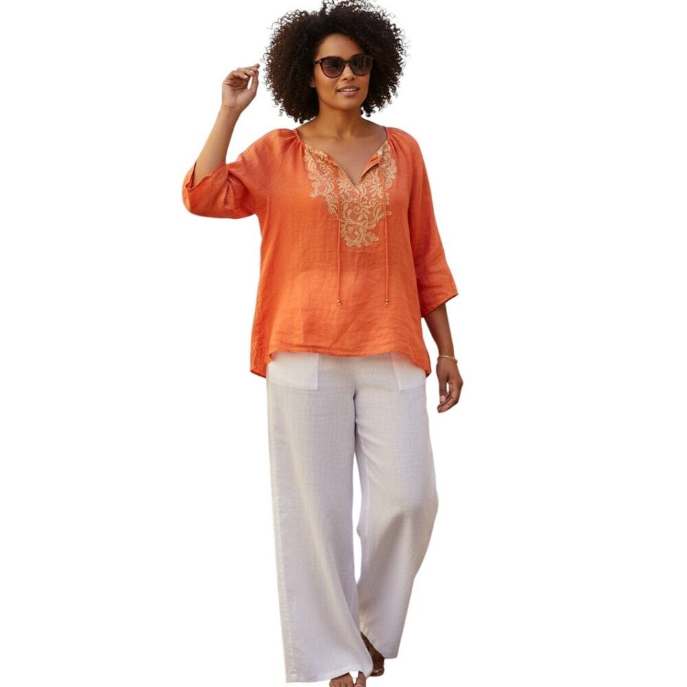 Chico's Linen Boho Tunic Top with Gold Lace Trim, Size 1 (Fits Size 8-10)